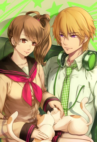 Anime picture 688x1000 with brothers conflict idea factory asahina natsume ema (brothers conflict) kikuyao long hair tall image fringe blonde hair smile brown hair sitting purple eyes brown eyes headphones around neck uniform school uniform animal shirt serafuku