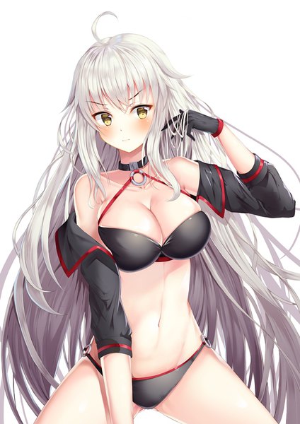 Anime picture 724x1024 with fate (series) fate/grand order jeanne d'arc (fate) (all) jeanne d'arc alter (fate) jeanne d'arc alter (swimsuit berserker) (fate) kotomaru (sirouko9511) single long hair tall image blush fringe breasts light erotic simple background large breasts white background yellow eyes looking away silver hair ahoge