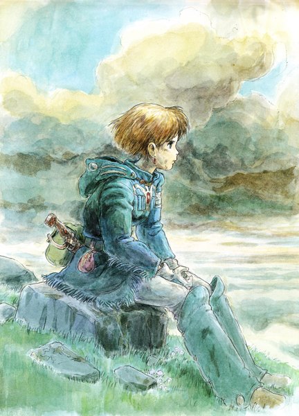Anime picture 6000x8327 with kaze no tani no nausicaa studio ghibli nausicaa single tall image highres short hair blue eyes brown hair sitting looking away absurdres sky cloud (clouds) profile mountain girl gloves weapon plant (plants)