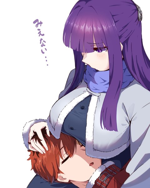 Anime picture 1291x1617 with sousou no frieren fern (sousou no frieren) stark (sousou no frieren) hyoe (hachiechi) long hair tall image fringe short hair breasts light erotic simple background hair between eyes large breasts white background purple eyes purple hair red hair eyes closed from above text