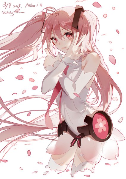 Anime picture 2480x3507 with vocaloid vocaloid append hatsune miku sakura miku hatsune miku (append) zhibuji loom single tall image looking at viewer fringe highres hair between eyes white background twintails signed pink hair ahoge very long hair pink eyes twitter username