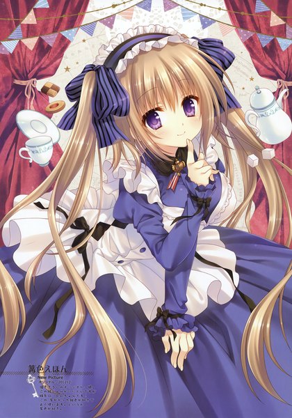 Anime picture 2101x3000 with tatekawa mako single long hair tall image highres blonde hair smile twintails purple eyes scan maid girl dress headdress maid headdress cup teapot