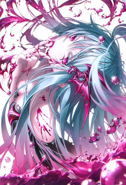 Anime picture 1229x1800 with original andi 1021 single long hair tall image looking at viewer fringe light erotic simple background hair between eyes standing white background nail polish pink eyes multicolored hair fingernails from above aqua hair two-tone hair fang (fangs)