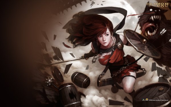 Anime picture 1920x1200 with vindictus (game) tagme (artist) long hair fringe highres brown hair wide image realistic teeth sharp teeth destruction girl gloves weapon animal sword shoes belt tongue armor