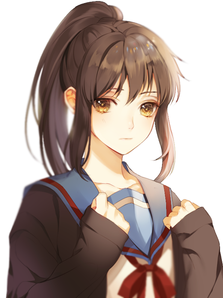 Anime picture 600x800 with suzumiya haruhi no yuutsu suzumiya haruhi no shoushitsu kyoto animation kyonko uuhui single long hair tall image looking at viewer fringe simple background hair between eyes brown hair white background brown eyes payot upper body ponytail blurry sleeves past wrists