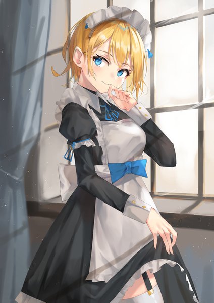 Anime picture 2894x4093 with original motota single tall image looking at viewer highres short hair blue eyes blonde hair smile indoors maid dress lift hand to mouth girl thighhighs dress uniform bow headdress