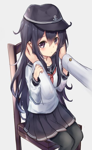 Anime picture 1164x1885 with kantai collection akatsuki destroyer karumayu single long hair tall image blush fringe black hair simple background hair between eyes looking away from above black eyes grey background hands on another's face girl uniform pantyhose serafuku