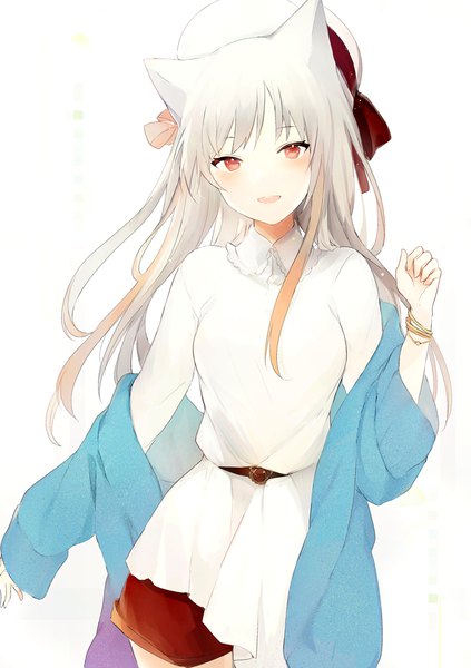 Anime-Bild 716x1015 mit original lpip single long hair tall image looking at viewer blush fringe breasts open mouth simple background smile red eyes standing animal ears silver hair :d multicolored hair cat ears off shoulder