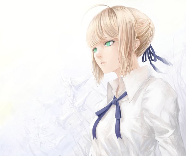 Anime picture 1772x1491 with fate (series) fate/stay night artoria pendragon (all) saber namako mikan single highres short hair blonde hair white background green eyes looking away girl ribbon (ribbons) hair ribbon shirt