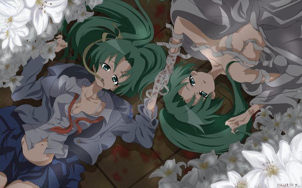 Anime picture 2560x1600 with higurashi no naku koro ni studio deen sonozaki mion sonozaki shion highres light erotic wide image twins flower (flowers) bandage (bandages)
