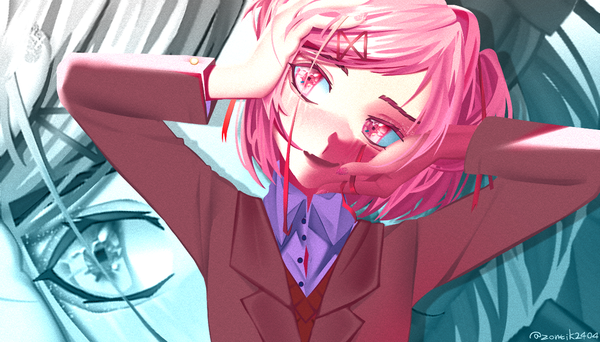 Anime picture 1228x700 with doki doki literature club natsuki (doki doki literature club) zontik2404 single blush short hair open mouth wide image signed looking away pink hair upper body nail polish head tilt :d pink eyes fang (fangs) two side up twitter username hand on head