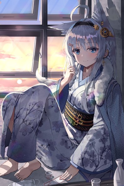 Anime picture 2588x3887 with original kerno single long hair tall image looking at viewer blush fringe highres blue eyes smile hair between eyes sitting animal ears payot sky silver hair cloud (clouds) ahoge bent knee (knees)