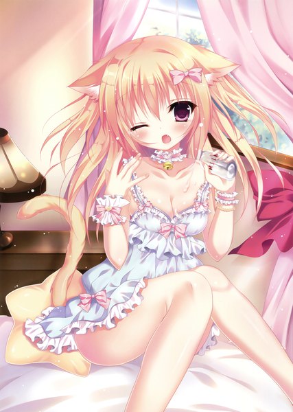 Anime picture 2494x3500 with original himemiya niina single long hair tall image looking at viewer highres open mouth light erotic blonde hair purple eyes animal ears tail animal tail one eye closed cat ears scan cat girl cat tail girl