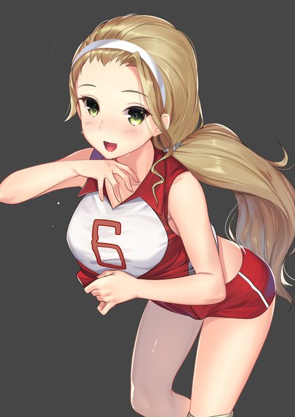 Anime picture 992x1403 with girls und panzer sasaki akebi kagematsuri single long hair tall image looking at viewer blush breasts open mouth blonde hair smile large breasts standing green eyes :d grey background leaning leaning forward low ponytail