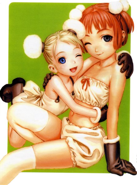 Anime picture 2000x2701 with last exile gonzo lavie head alvis hamilton range murata tall image looking at viewer highres short hair open mouth blue eyes light erotic blonde hair smile bare shoulders multiple girls one eye closed scan orange hair arm support