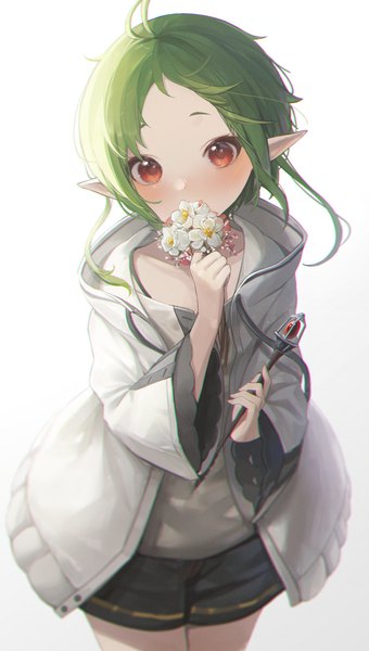 Anime picture 2000x3532 with mushoku tensei studio bind sylphiette (mushoku tensei) lunia single tall image looking at viewer blush highres short hair simple background red eyes white background ahoge green hair pointy ears covered mouth girl flower (flowers) shorts