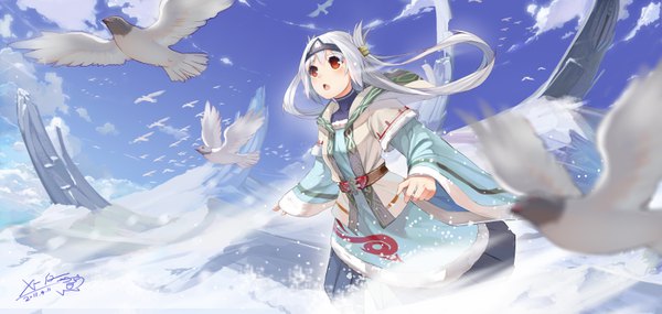 Anime picture 6721x3200 with original x-boy single long hair blush fringe highres open mouth red eyes wide image absurdres sky cloud (clouds) white hair long sleeves traditional clothes looking up winter girl hair ornament