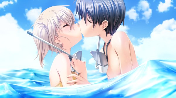 Anime picture 1280x720 with dolphin divers yashio riho senomoto hisashi short hair black hair wide image twintails game cg white hair eyes closed loli couple short twintails kiss girl boy diving mask