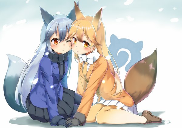 Anime picture 1990x1406 with kemono friends ezo red fox (kemono friends) silver fox (kemono friends) sekira ame long hair looking at viewer blush fringe highres blonde hair hair between eyes sitting multiple girls animal ears silver hair full body bent knee (knees) parted lips pleated skirt one eye closed