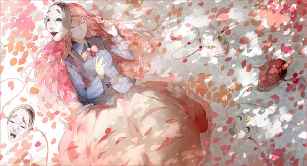 Anime picture 1874x1018 with touhou hata no kokoro nine (liuyuhao1992) single long hair highres wide image pink hair eyes closed cherry blossoms plaid skirt underwater mask on head girl skirt petals water bowtie mask fox mask