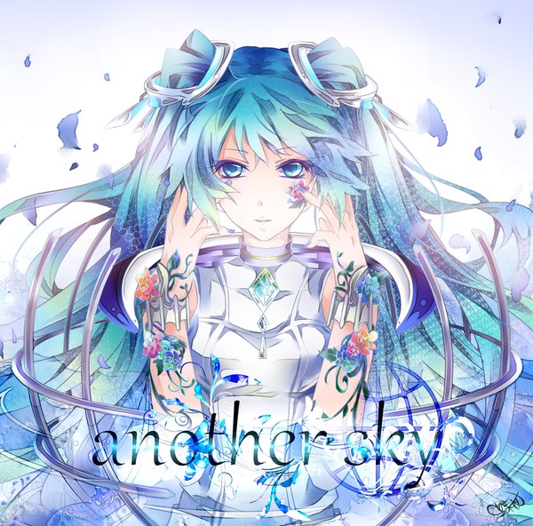 Anime picture 1013x1000 with vocaloid hatsune miku tyouya single looking at viewer twintails very long hair aqua eyes aqua hair girl flower (flowers) petals