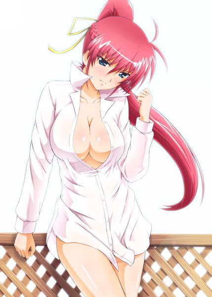 Anime picture 755x1056 with mahou shoujo lyrical nanoha signum diesel-turbo single long hair tall image looking at viewer blush breasts blue eyes light erotic pink hair ponytail open clothes partially open clothes girl shirt white shirt