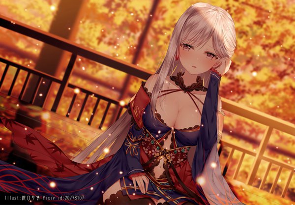 Anime-Bild 2560x1780 mit fate (series) fate/grand order miyamoto musashi (fate) junpaku karen single looking at viewer blush fringe highres breasts open mouth light erotic large breasts bare shoulders brown eyes signed payot cleavage silver hair very long hair