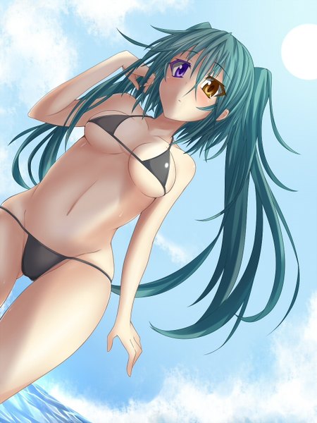 Anime picture 1024x1365 with original suterii single long hair tall image light erotic twintails green hair heterochromia girl navel swimsuit bikini black bikini