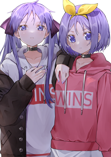 Anime picture 2894x4093 with lucky star kyoto animation hiiragi kagami hiiragi tsukasa ai-nohikari long hair tall image looking at viewer highres short hair simple background standing white background purple eyes multiple girls purple hair upper body nail polish open jacket sparkle