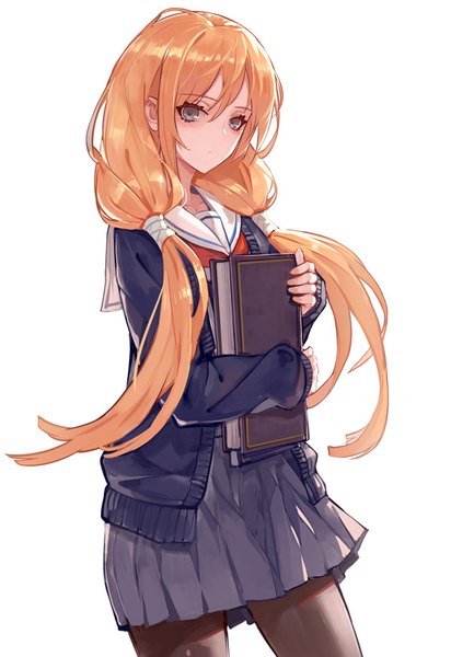 Anime-Bild 600x872 mit original ryuuzaki ichi single long hair tall image looking at viewer fringe blue eyes simple background hair between eyes standing white background twintails holding pleated skirt orange hair low twintails expressionless messy hair girl