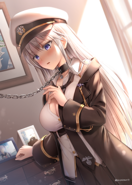 Anime picture 648x906 with azur lane enterprise (azur lane) suyamori single long hair tall image blush fringe breasts open mouth light erotic hair between eyes standing purple eyes bare shoulders signed looking away cleavage silver hair indoors