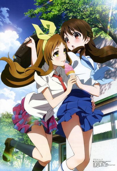 Anime picture 4080x5930 with glasslip megami magazine p.a. works takayama yanagi fukami touko long hair tall image blush highres open mouth red eyes brown hair multiple girls yellow eyes absurdres sky cloud (clouds) official art girl skirt
