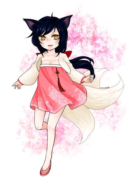 Anime picture 800x1100 with league of legends ahri (league of legends) tagme (artist) single long hair tall image looking at viewer black hair animal ears yellow eyes tail animal tail fox ears facial mark fox tail fox girl spread arms multiple tails whisker markings girl