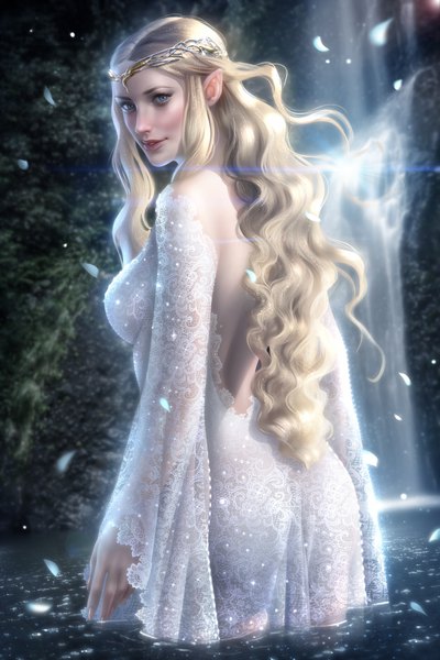 Anime picture 4800x7200 with lord of the rings galadriel ayyasap single long hair tall image looking at viewer blush highres breasts blue eyes blonde hair standing payot absurdres parted lips looking back fingernails light smile wind
