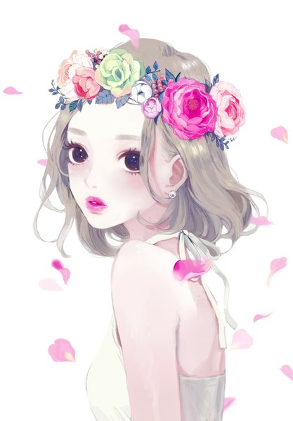 Anime picture 695x1000 with original ma (893206) single tall image looking at viewer blush short hair simple background brown hair white background bare shoulders upper body parted lips lips black eyes lipstick pink lipstick girl hair ornament earrings