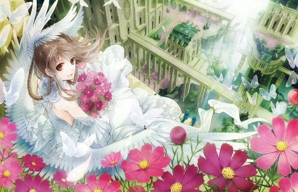 Anime picture 1200x772 with original tottome single long hair brown hair brown eyes braid (braids) girl dress flower (flowers) animal wings bird (birds) insect building (buildings) butterfly bouquet bridge cosmos (flower)