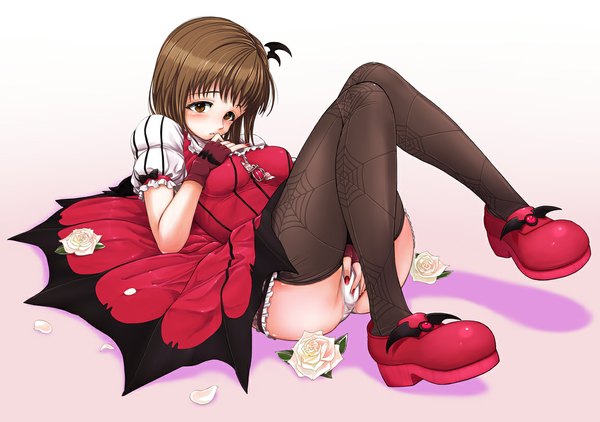 Anime picture 1185x834 with idolmaster tagme (character) hissatsukun single blush short hair light erotic simple background brown hair brown eyes reclining my dear vampire girl thighhighs dress gloves hair ornament underwear panties flower (flowers)