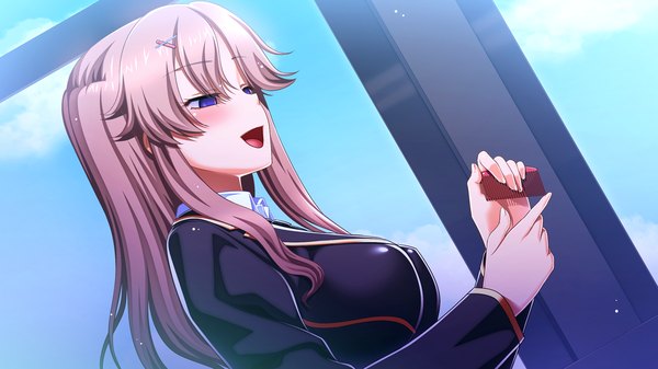 Anime picture 1280x720 with gakuen de jikan yo tomare tagme (character) tagme (artist) single long hair blush breasts open mouth brown hair wide image large breasts purple eyes game cg sky cloud (clouds) profile portrait girl uniform school uniform