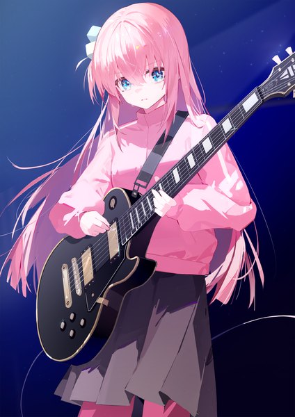 Anime picture 4960x7016 with bocchi the rock! cloverworks gotou hitori luozhou pile single long hair tall image fringe highres blue eyes hair between eyes standing pink hair absurdres pleated skirt one side up playing instrument girl skirt black skirt