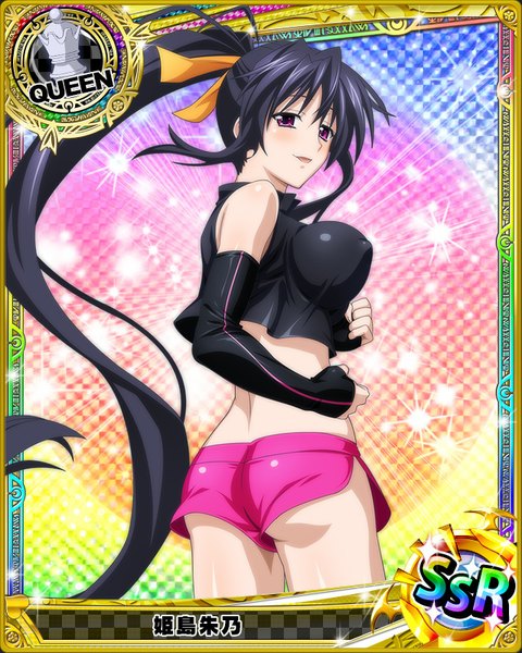 Anime picture 640x800 with highschool dxd himejima akeno single tall image blush breasts open mouth light erotic black hair large breasts purple eyes ponytail very long hair looking back card (medium) girl detached sleeves shorts short shorts