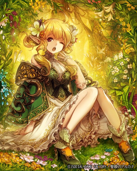 Anime picture 1920x2400 with seikon no arcana umberwig single tall image fringe highres short hair open mouth blonde hair sitting brown eyes looking away ahoge bent knee (knees) outdoors one eye closed hair flower pointy ears wink inscription