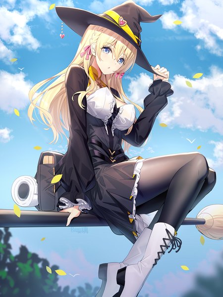 Anime picture 900x1200 with original saegusa futaba ririko (zhuoyandesailaer) single long hair tall image looking at viewer blush fringe breasts open mouth blue eyes blonde hair hair between eyes sitting signed sky cloud (clouds) bent knee (knees) outdoors