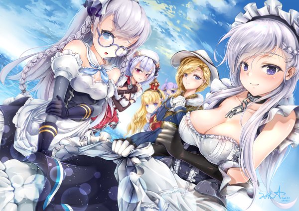 Anime picture 1920x1358 with azur lane belfast (azur lane) unicorn (azur lane) hood (azur lane) queen elizabeth (azur lane) ajax (azur lane) edinburgh (azur lane) hue301 long hair looking at viewer blush fringe highres breasts open mouth blue eyes light erotic blonde hair smile hair between eyes