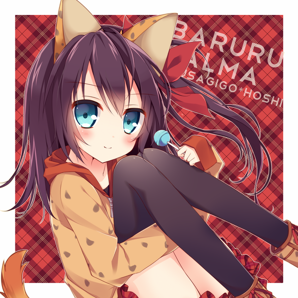 Anime picture 1200x1200 with emil chronicle online balulu alma hoshi (snacherubi) single long hair looking at viewer blush fringe blue eyes simple background smile holding animal ears purple hair bent knee (knees) tail long sleeves animal tail pleated skirt red background