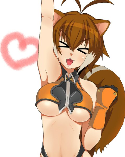 Anime picture 1000x1250 with blazblue makoto nanaya tagme (artist) single tall image blush short hair breasts open mouth light erotic simple background brown hair large breasts white background bare shoulders animal ears ahoge eyes closed animal tail armpit (armpits)