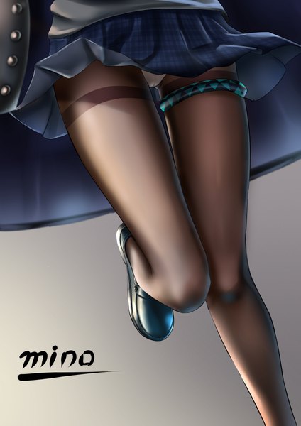 Anime picture 2894x4093 with original minoominoomi single tall image highres light erotic simple background signed bent knee (knees) pleated skirt grey background shadow from below pantyshot legs gradient background close-up girl skirt uniform
