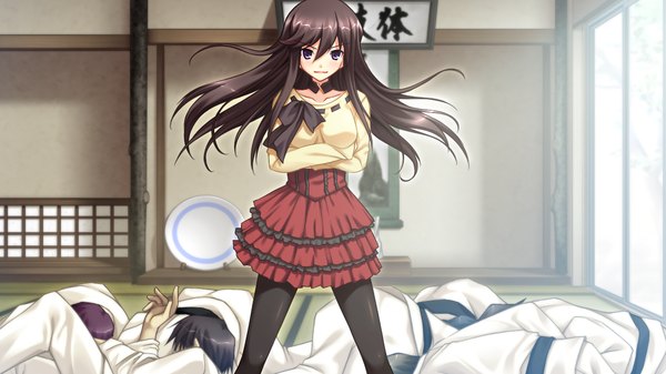 Anime picture 1280x720 with himitsu no otome tagme (character) long hair blush black hair wide image purple eyes game cg girl dress