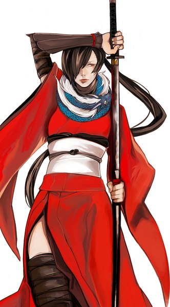 Anime picture 1000x1808 with star (pixiv 2210298) single long hair tall image fringe simple background red eyes brown hair white background ponytail traditional clothes japanese clothes hair over one eye girl thighhighs weapon sword kimono armor katana