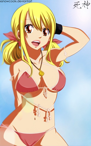 Anime picture 1600x2555 with fairy tail lucy heartfilia xsnowcoolx single long hair tall image open mouth light erotic blonde hair smile twintails sky sunlight midriff orange eyes lipstick coloring girl navel bow