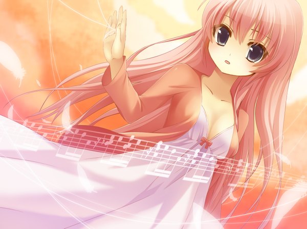 Anime picture 1536x1151 with vocaloid megurine luka single long hair blue eyes pink hair girl musical note